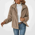 Women's Oversized Fluffy Zip-Up Sherpa Cardigan Jacket - Khaki