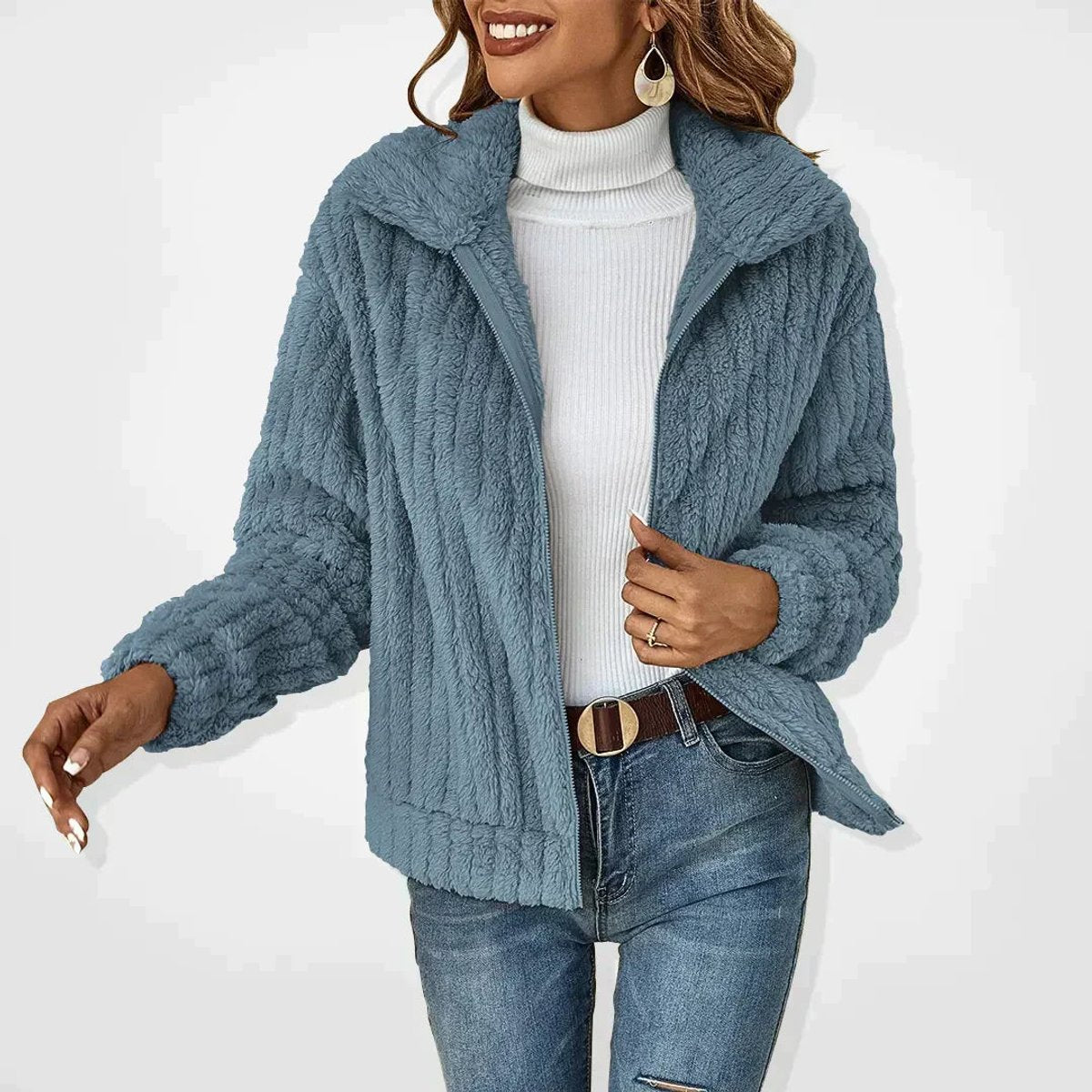 Women's Oversized Fluffy Zip-Up Sherpa Cardigan Jacket - Blue