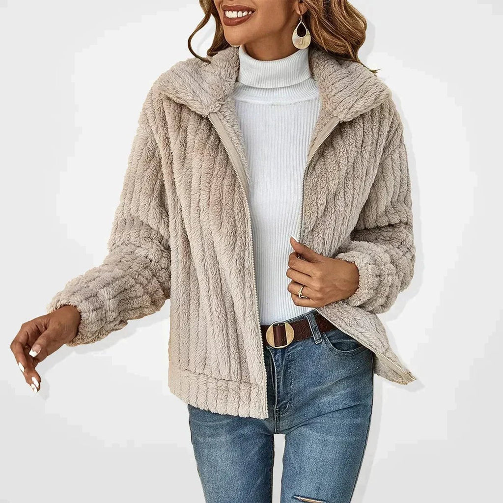 Women's Oversized Fluffy Zip-Up Sherpa Cardigan Jacket - Beige