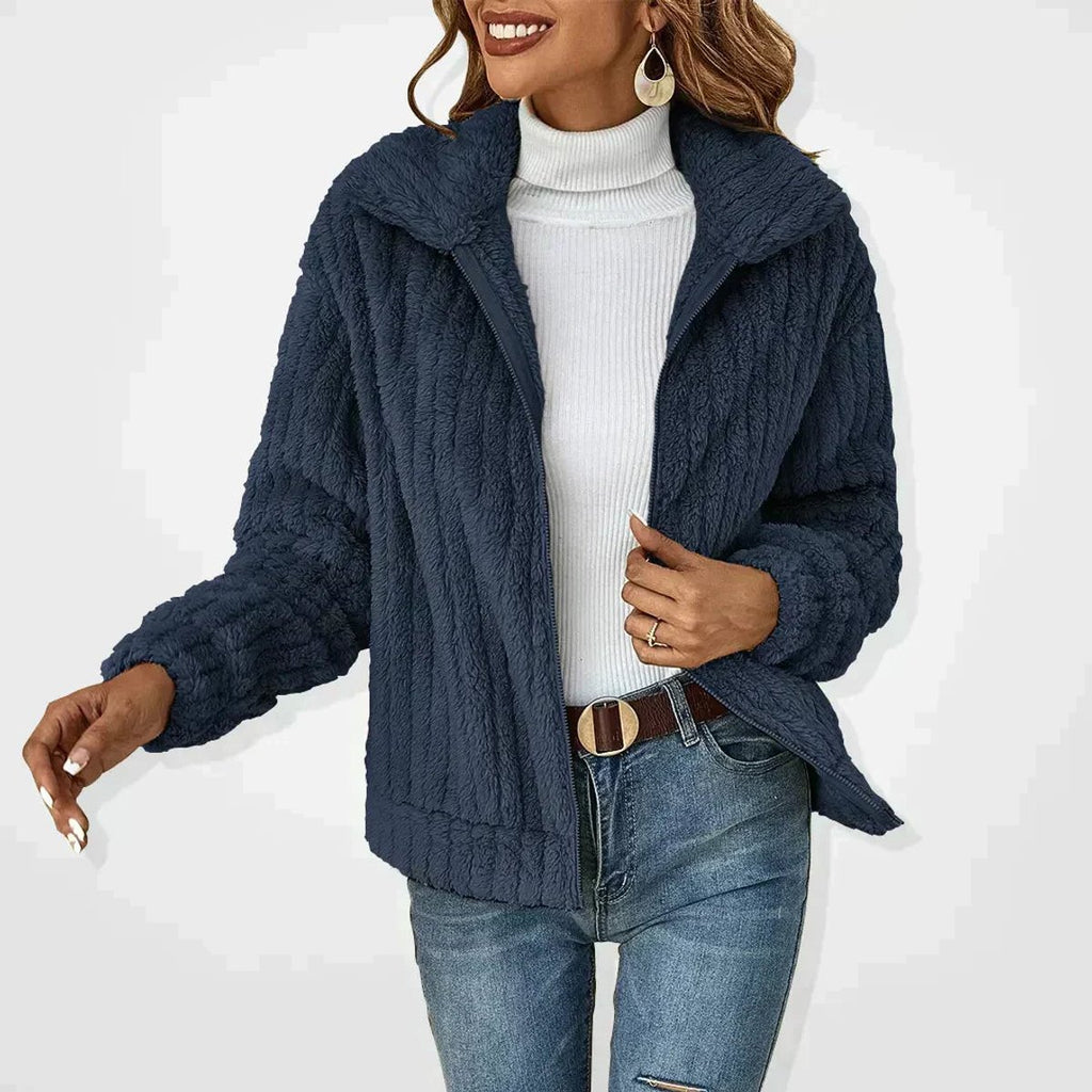 Women's Oversized Fluffy Zip-Up Sherpa Cardigan Jacket - Navy Blue