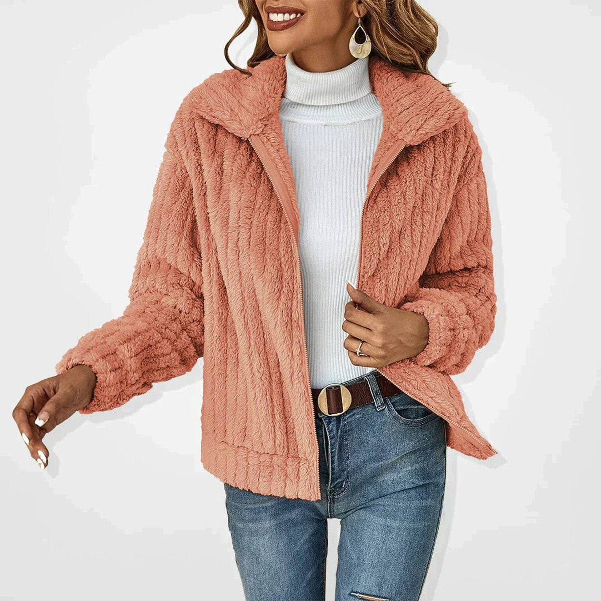 Women's Oversized Fluffy Zip-Up Sherpa Cardigan Jacket - Pink