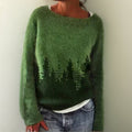 Women's Oversized Forest Print Crew Neck Knit Sweater
