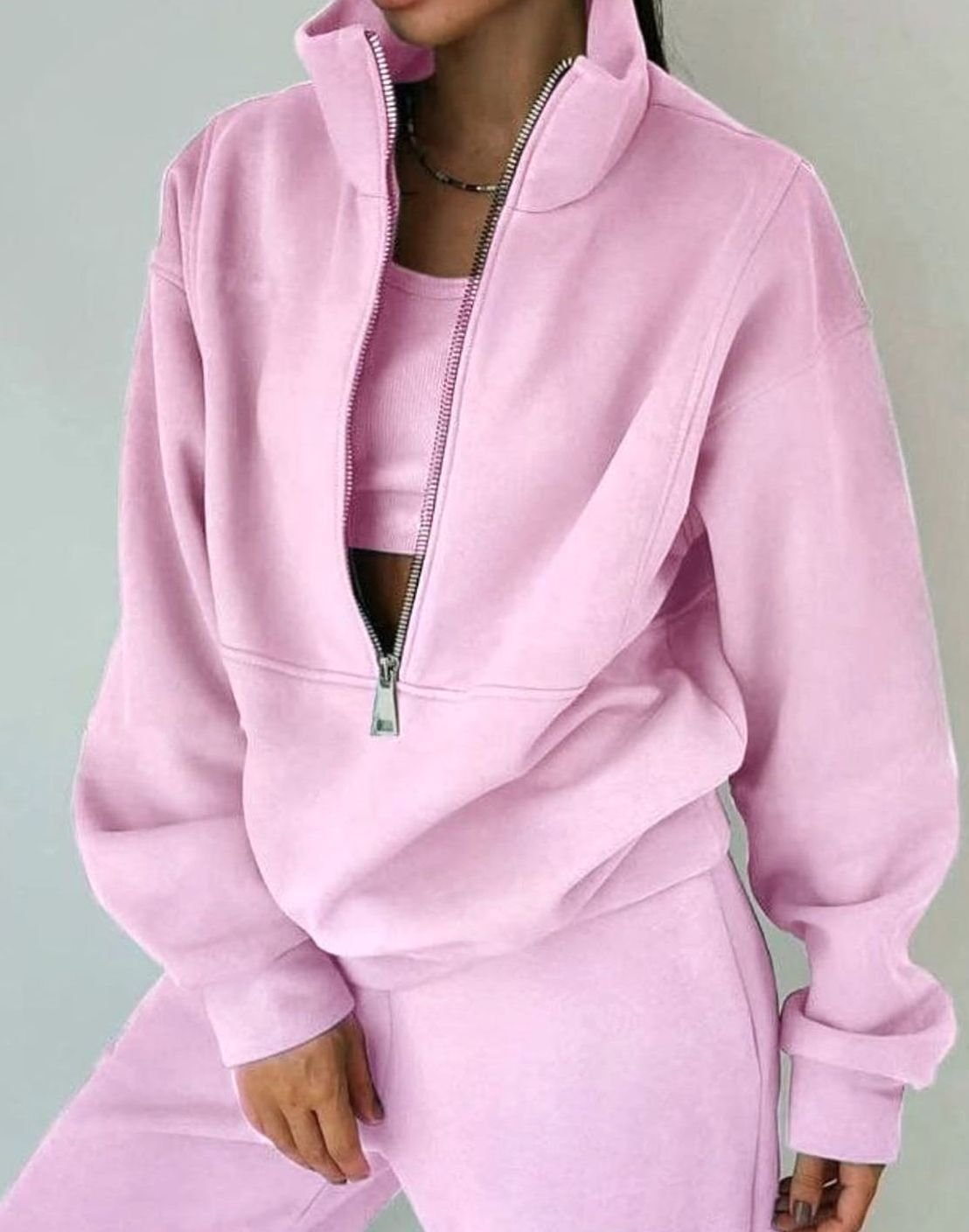 Women's Oversized Half-Zip Cropped Jogger Two-Piece Set - Pink