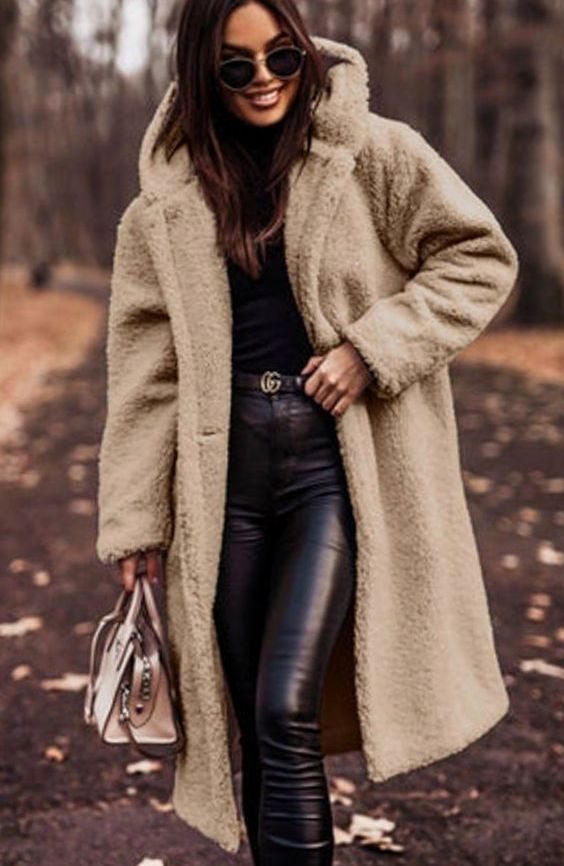 Women's Oversized Hooded Faux Fur Longline Winter Coat - Beige