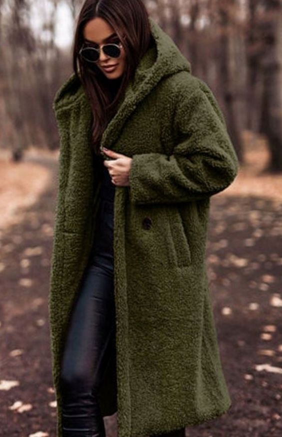 Women's Oversized Hooded Faux Fur Longline Winter Coat - Green