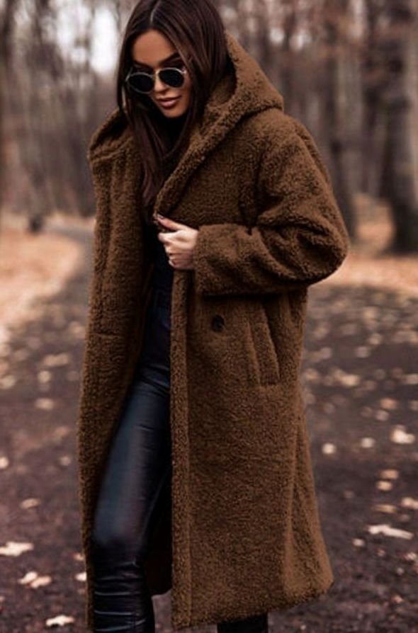 Women's Oversized Hooded Faux Fur Longline Winter Coat - Brown