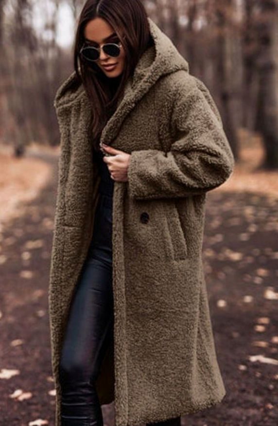 Women's Oversized Hooded Faux Fur Longline Winter Coat - Khaki
