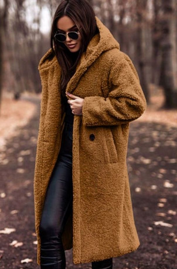 Women's Oversized Hooded Faux Fur Longline Winter Coat - Caramel
