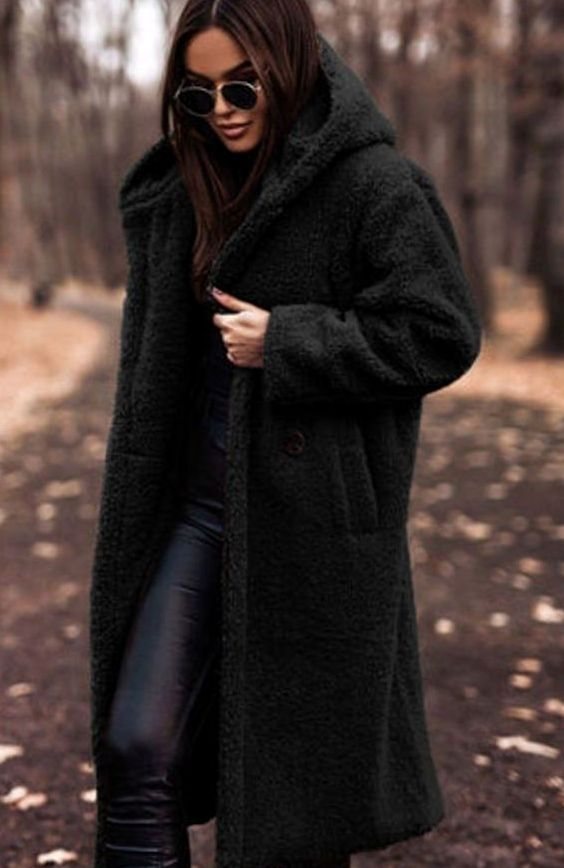 Women's Oversized Hooded Faux Fur Longline Winter Coat - Black