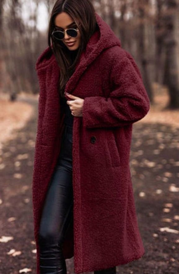 Women's Oversized Hooded Faux Fur Longline Winter Coat - Red