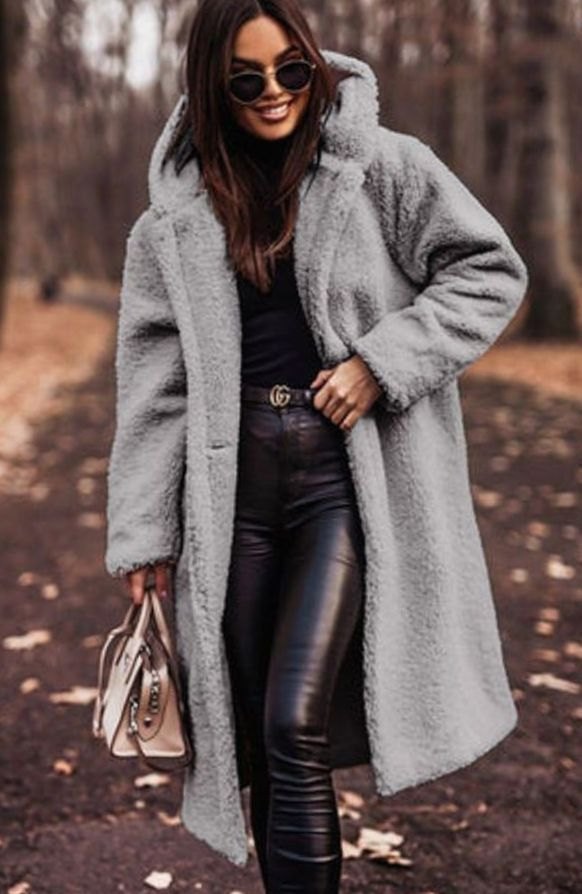 Women's Oversized Hooded Faux Fur Longline Winter Coat - Gray