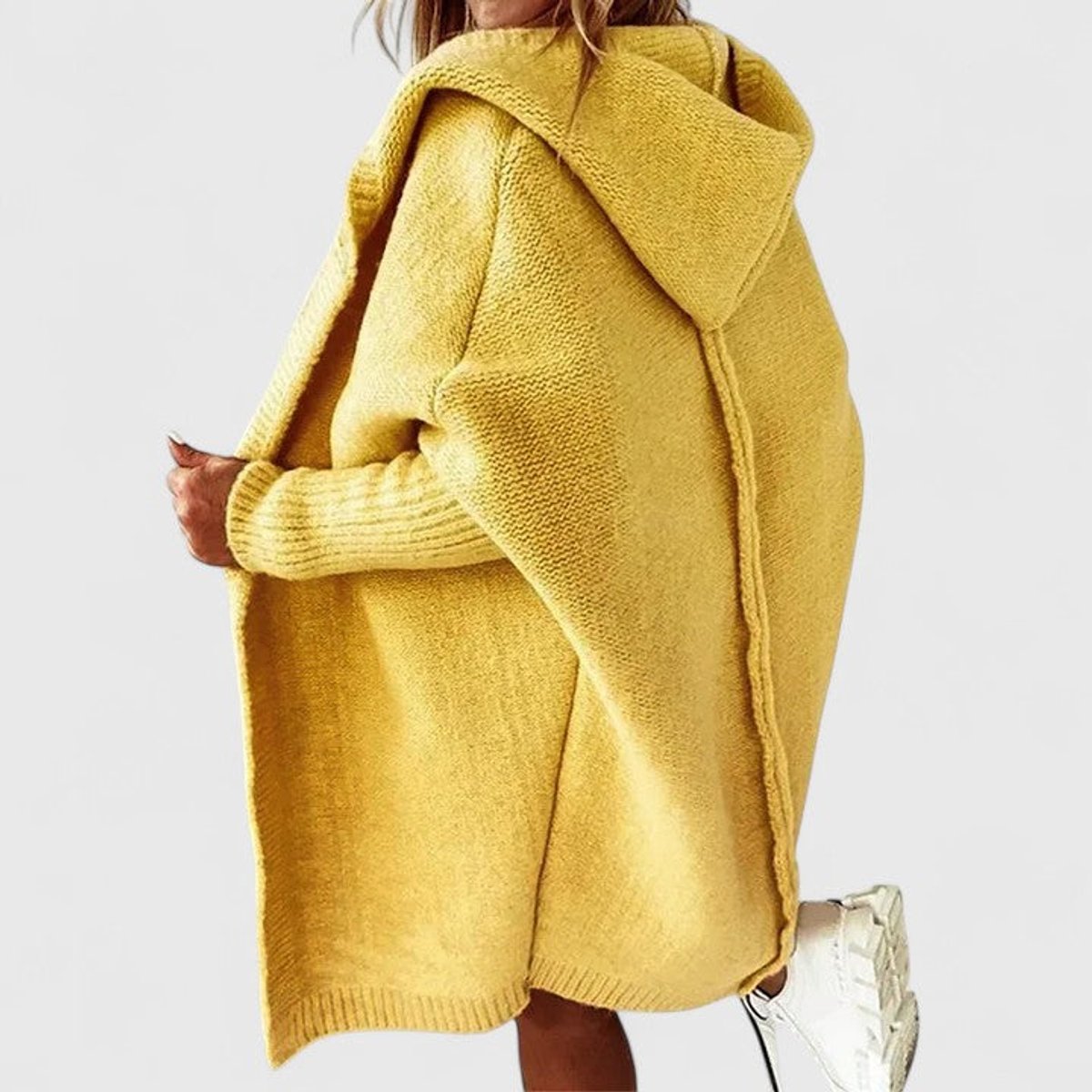 Women's Oversized Hooded Knit Cardigan Knee-Length Open Front - Yellow