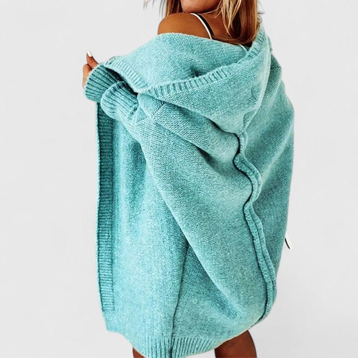 Women's Oversized Hooded Knit Cardigan Knee-Length Open Front - Blue