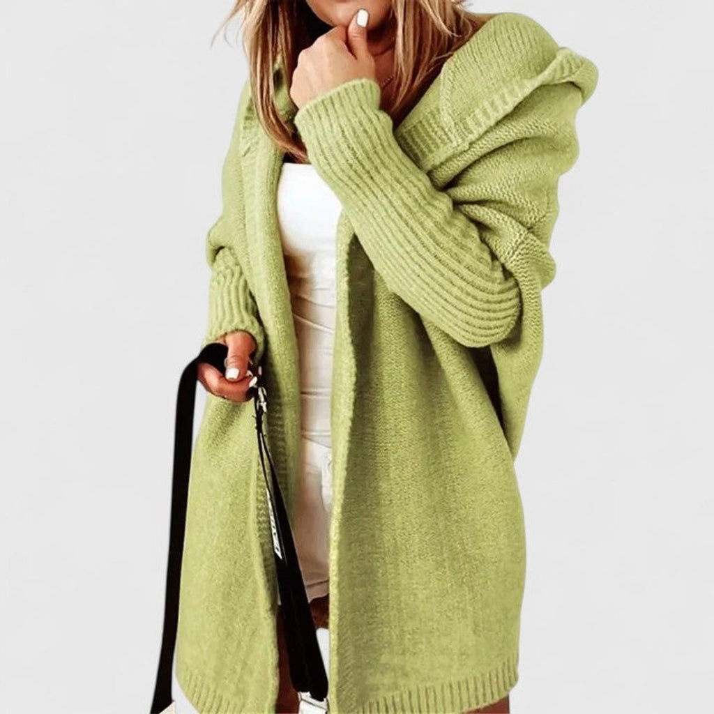 Women's Oversized Hooded Knit Cardigan Knee-Length Open Front - Green