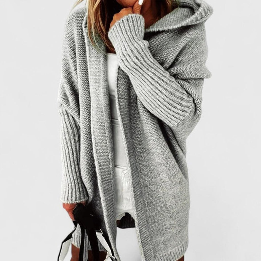 Women's Oversized Hooded Knit Cardigan Knee-Length Open Front - Gray