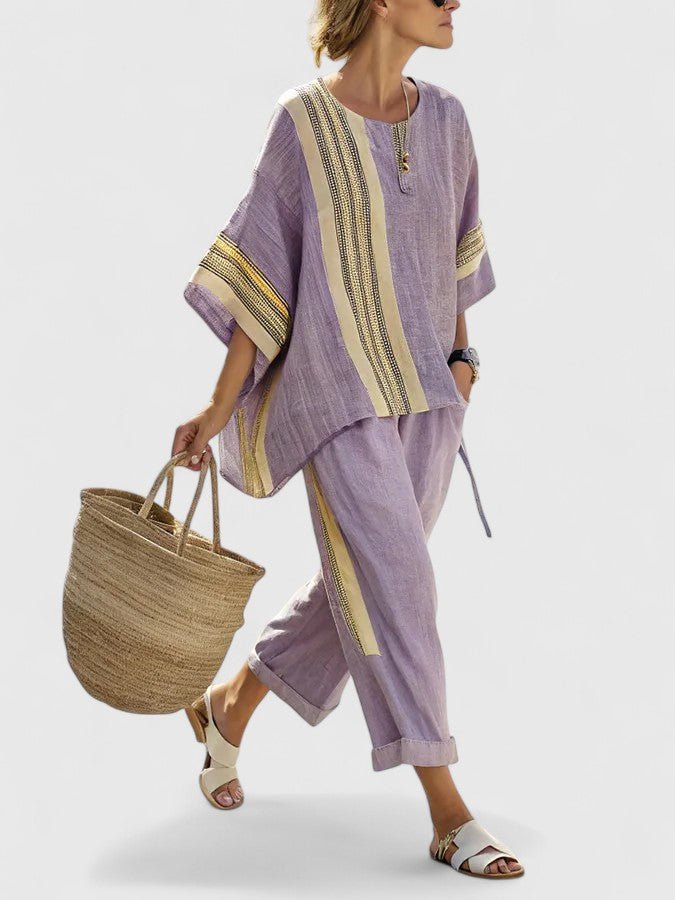 Women's Oversized Linen-Blend Stripe Two-Piece Set Wide-Leg Pants - Paars