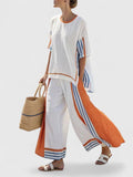 Women's Oversized Linen-Blend Stripe Two-Piece Set Wide-Leg Pants - Oranje Streep