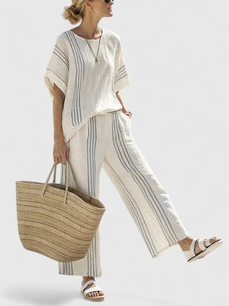 Women's Oversized Linen-Blend Stripe Two-Piece Set Wide-Leg Pants - Blauwe streep