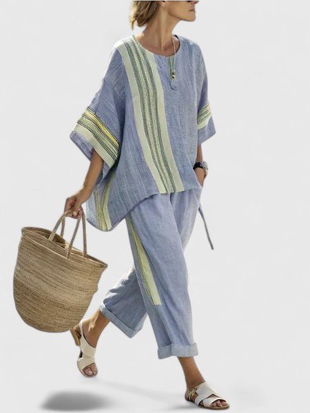 Women's Oversized Linen-Blend Stripe Two-Piece Set Wide-Leg Pants - Blauw