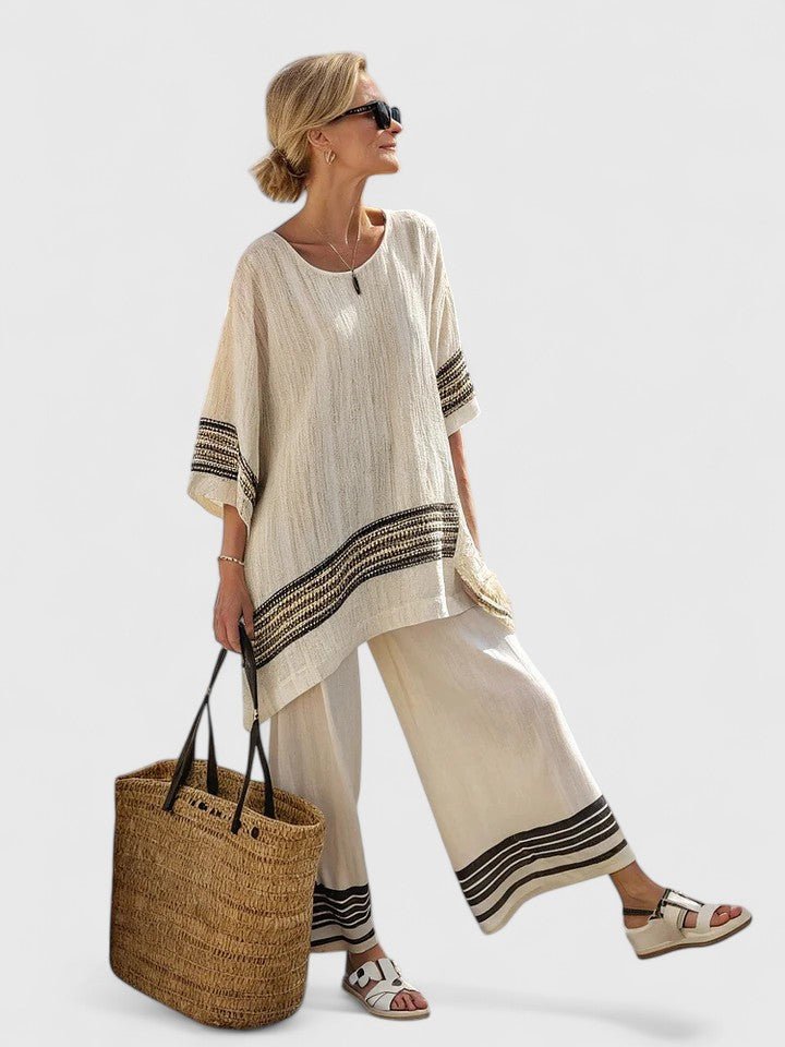 Women's Oversized Linen-Blend Stripe Two-Piece Set Wide-Leg Pants - Zwarte Streep