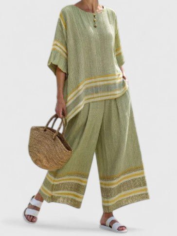 Women's Oversized Linen-Blend Stripe Two-Piece Set Wide-Leg Pants - Groen