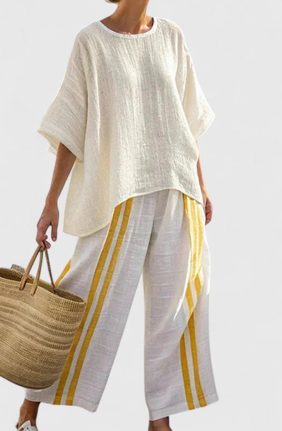 Women's Oversized Linen-Blend Stripe Two-Piece Set Wide-Leg Pants - Gele Streep