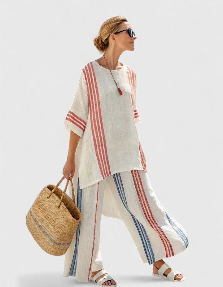 Women's Oversized Linen-Blend Stripe Two-Piece Set Wide-Leg Pants - Rode Streep