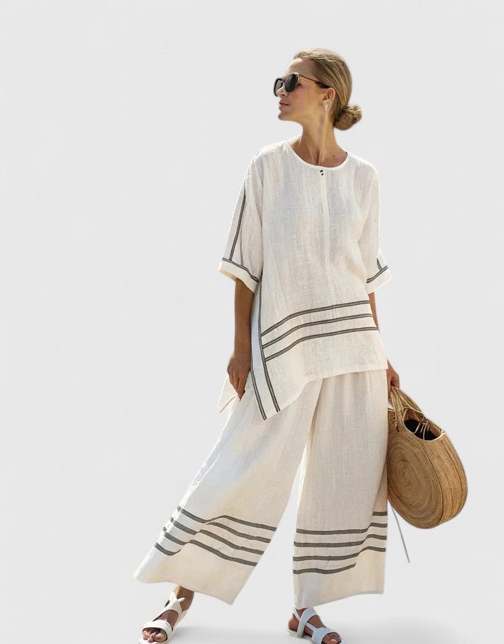 Women's Oversized Linen-Blend Stripe Two-Piece Set Wide-Leg Pants - Wit