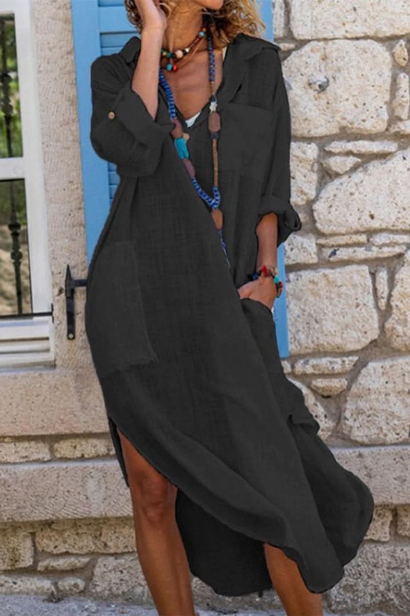 Women's Oversized Linen Shirt Evening Gown Midi Dress - Black