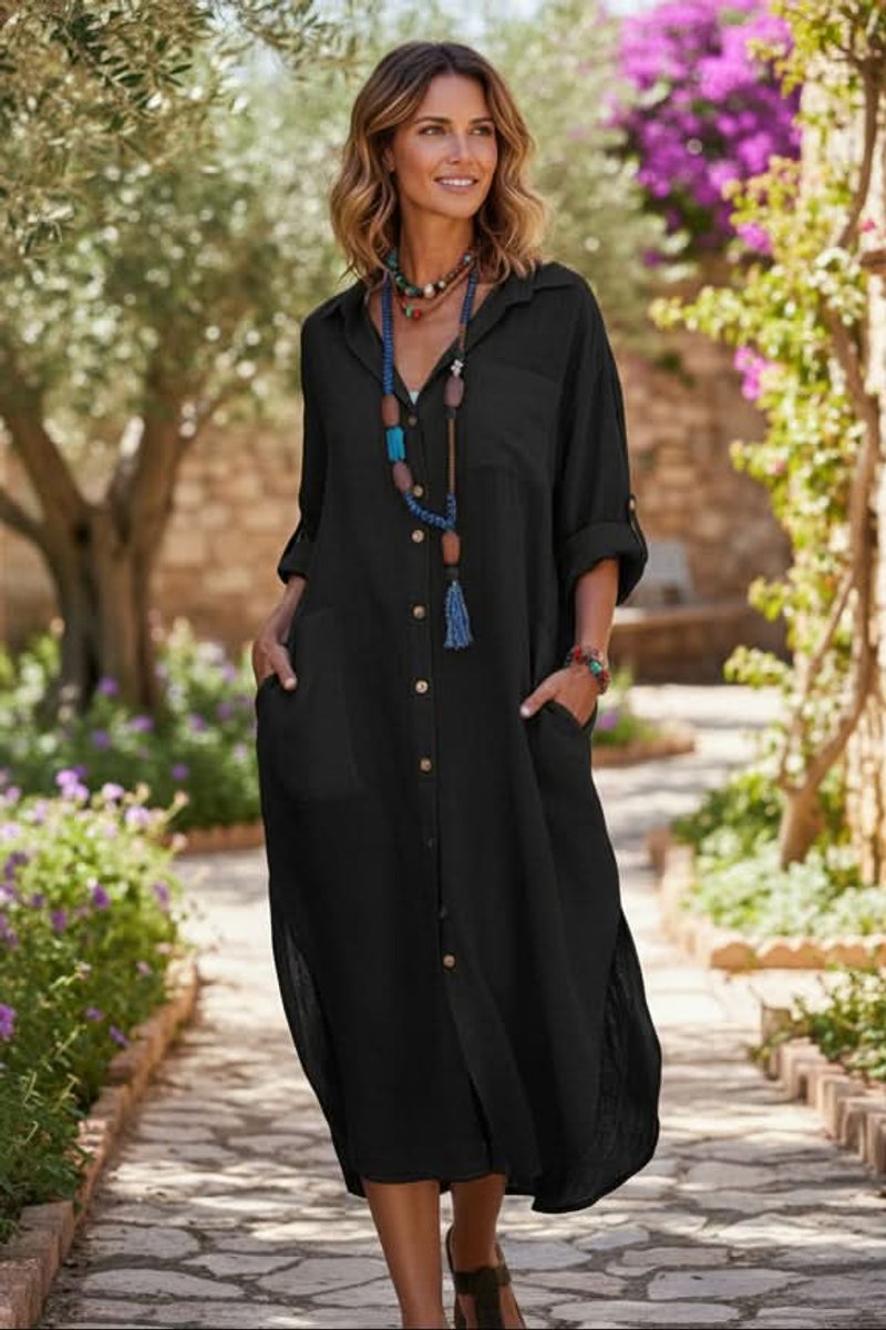 Women's Oversized Linen Shirt Evening Gown Midi Dress