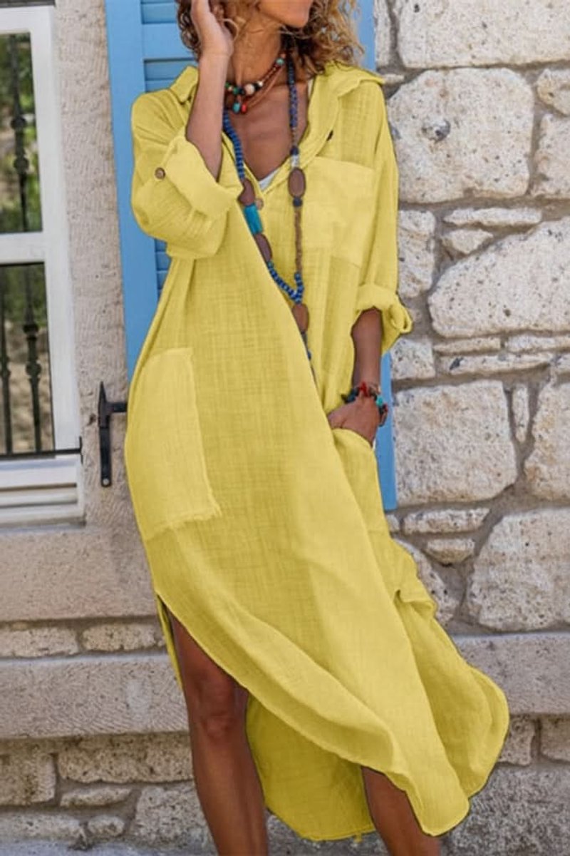 Women's Oversized Linen Shirt Evening Gown Midi Dress - Yellow