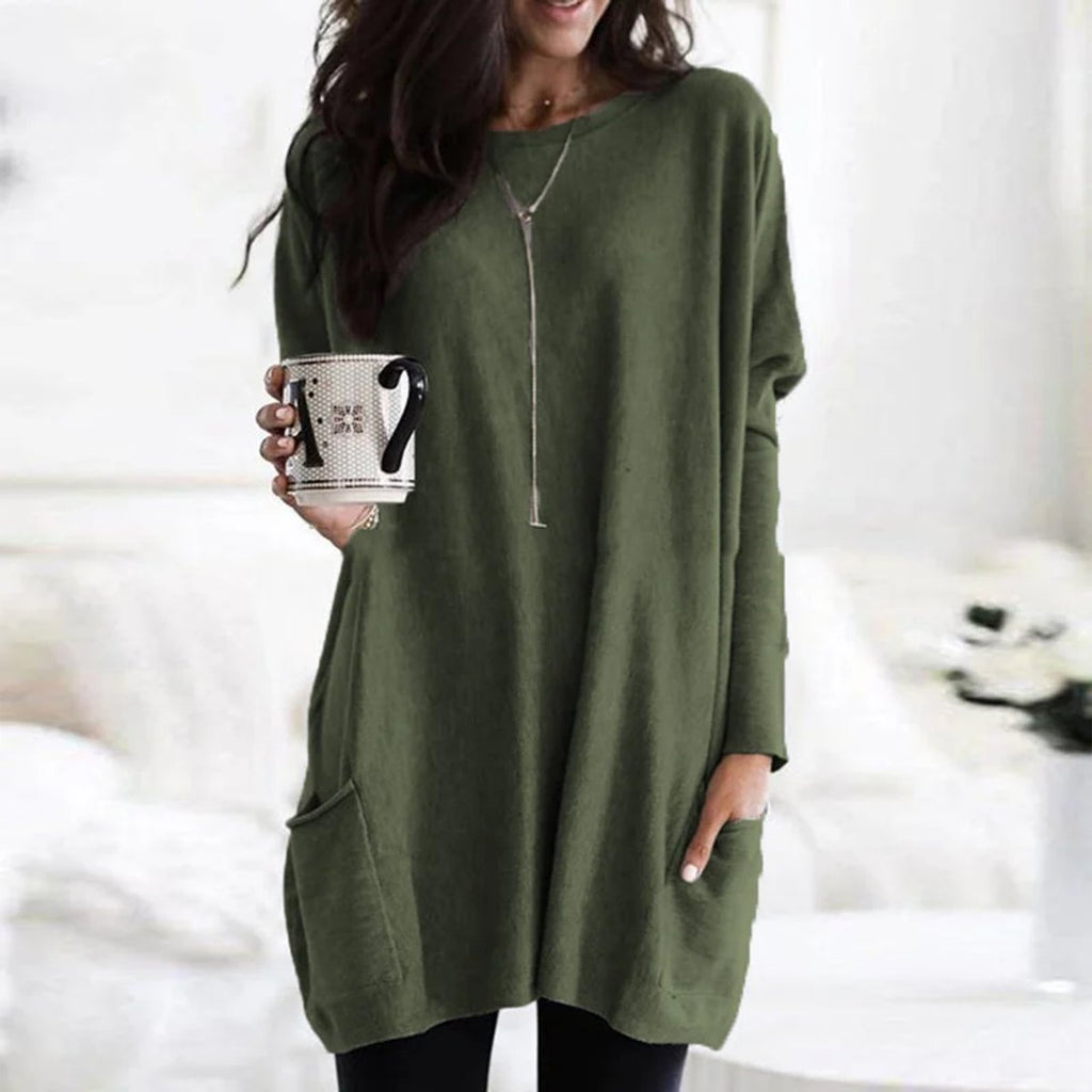 Women's Oversized Long-Sleeve Pocket Tunic Top - Olivgrün