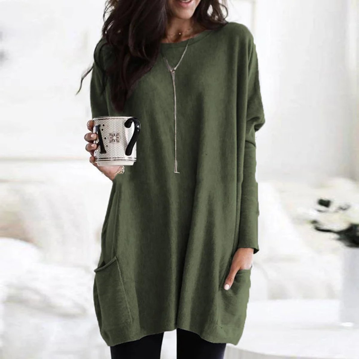 Women's Oversized Long-Sleeve Pocket Tunic Top - Olivgrün