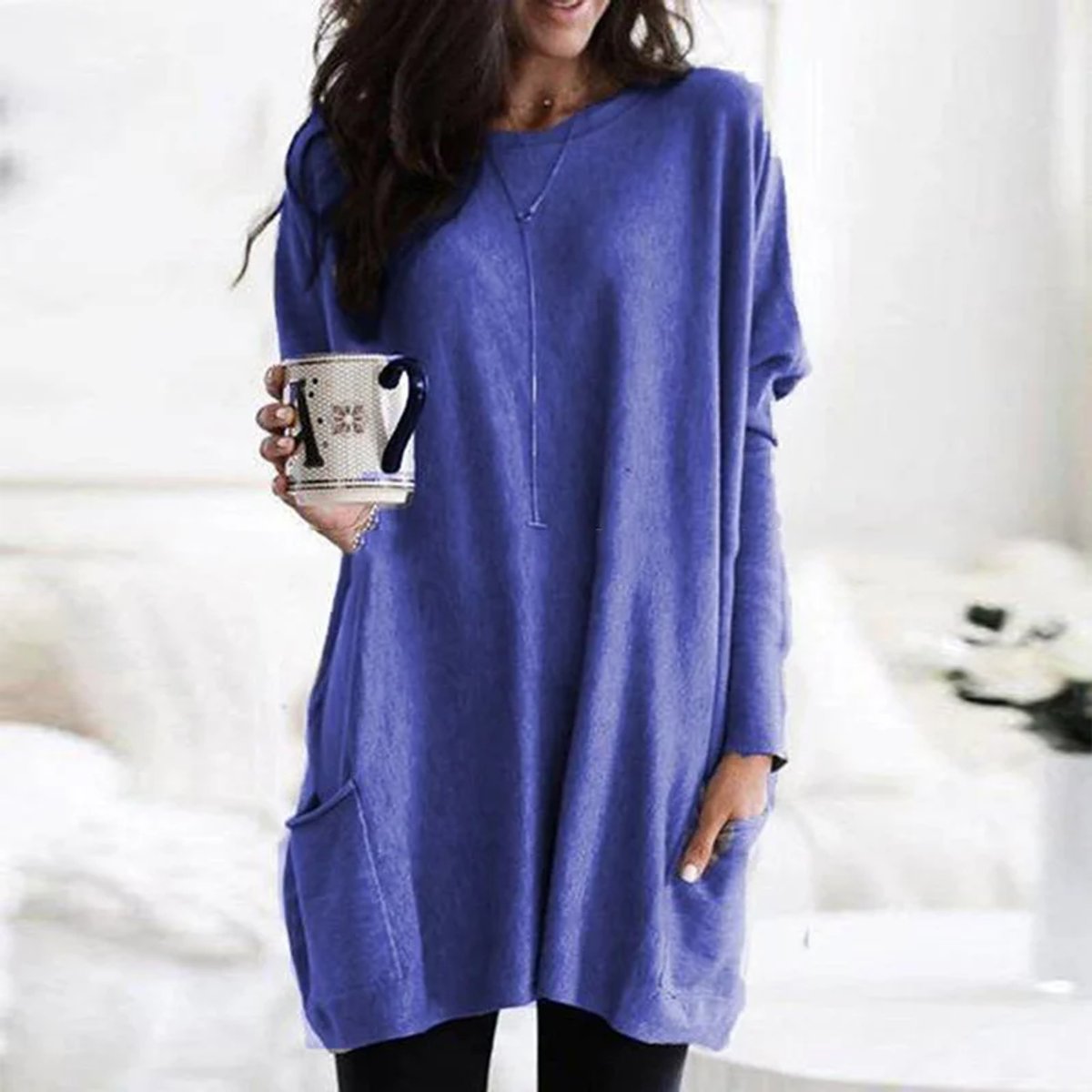 Women's Oversized Long-Sleeve Pocket Tunic Top - Blau