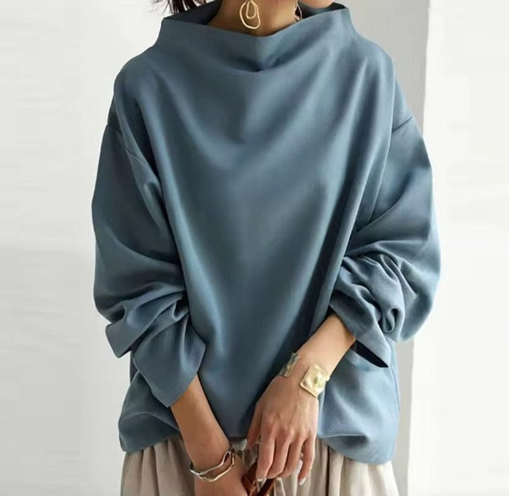 Women's Oversized Mock Neck Long Sleeve Knit Sweater Top - Blue