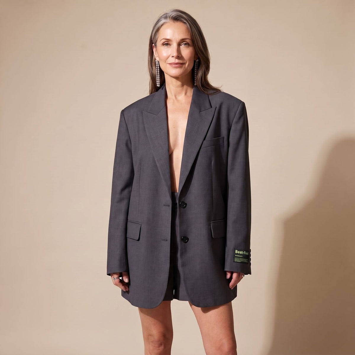 Women's Oversized Notched-Lapel Structured Blazer - Gray