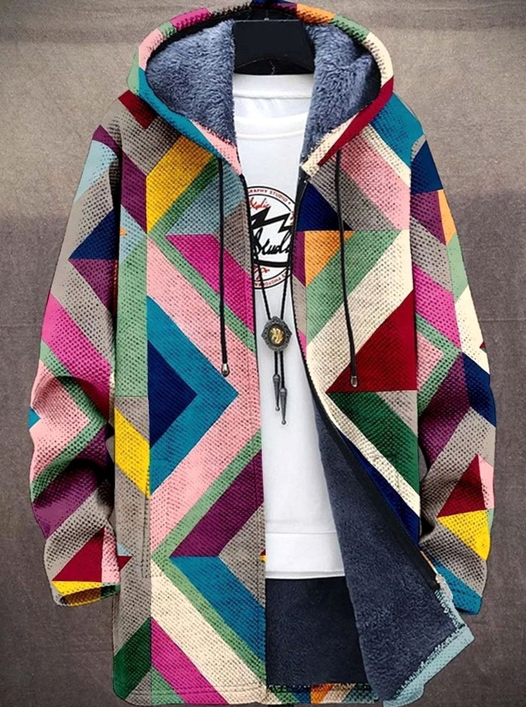 Women's Oversized Open Front Fleece-Lined Geometric Knit Cardigan - Multicolor 1
