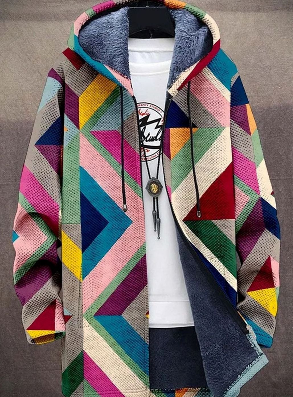 Women's Oversized Open Front Fleece-Lined Geometric Knit Cardigan