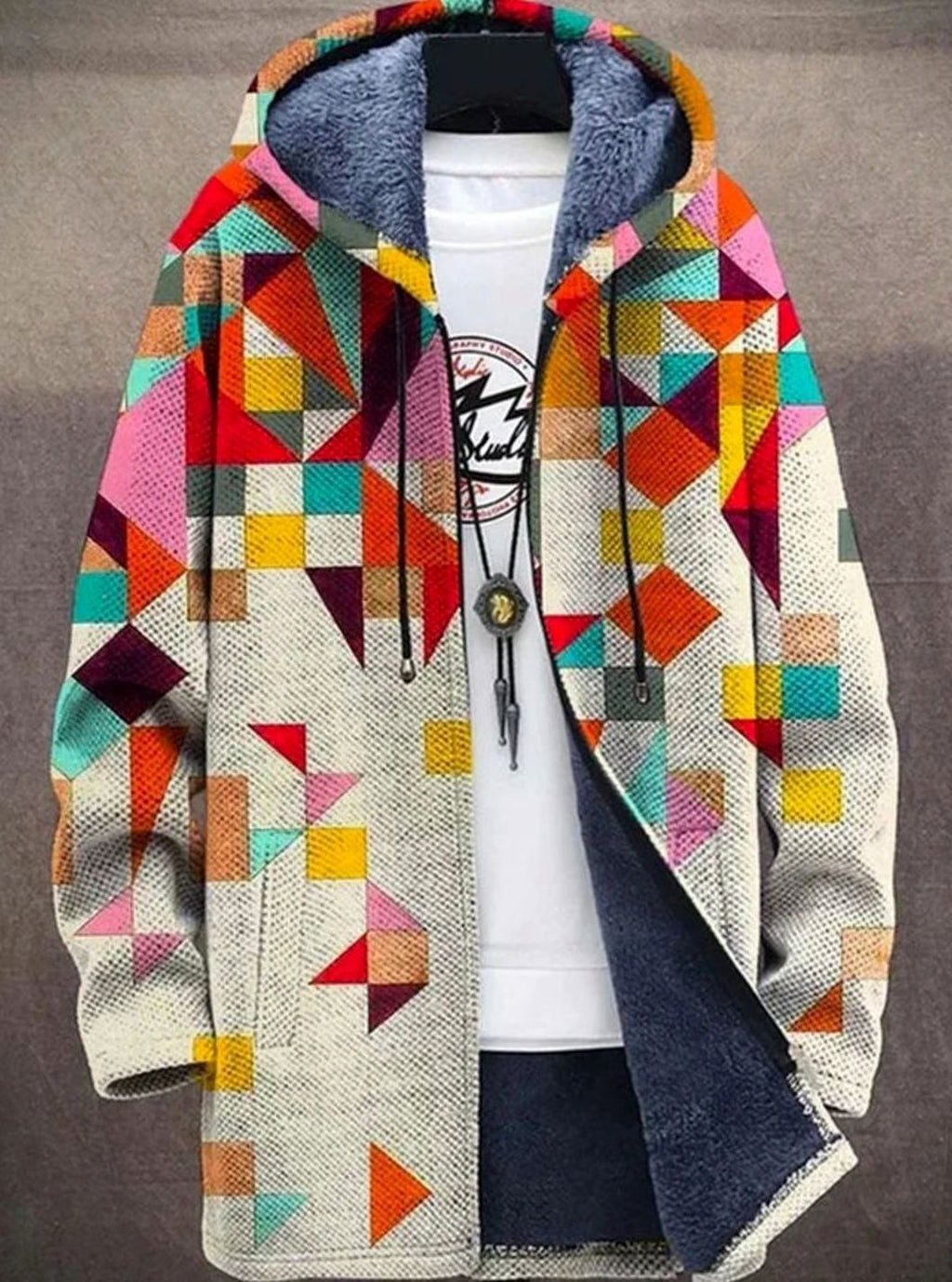 Women's Oversized Open Front Fleece-Lined Geometric Knit Cardigan - Multicolor 2