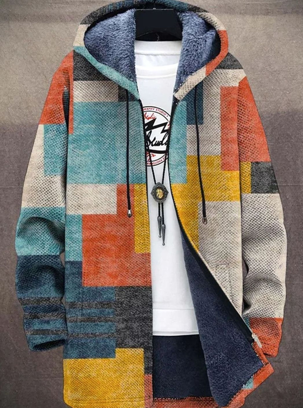Women's Oversized Open Front Fleece-Lined Geometric Knit Cardigan - Multicolor 3