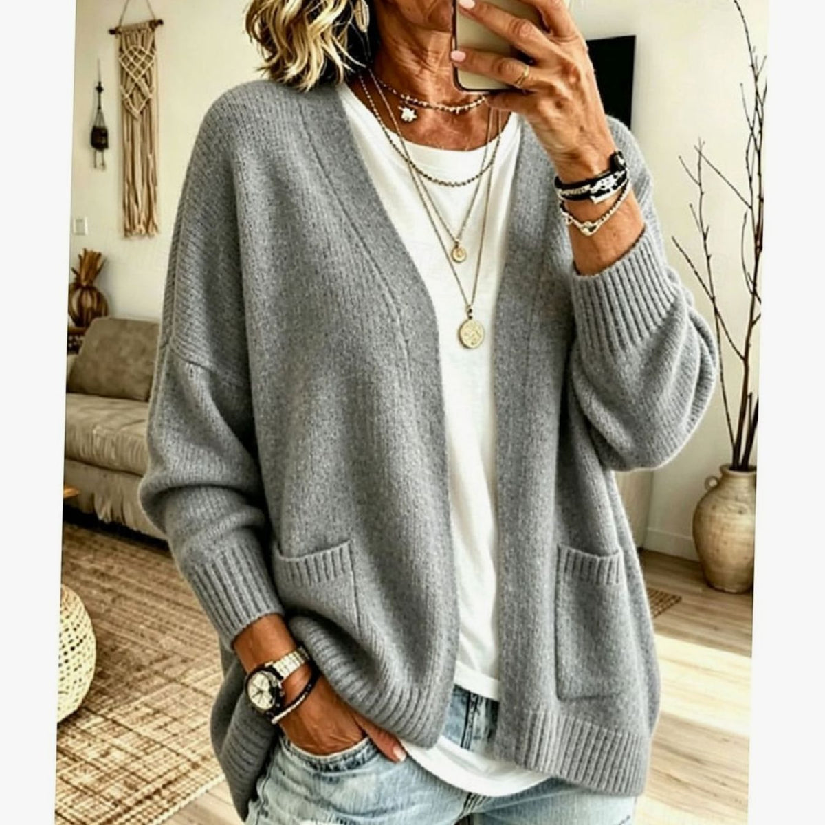 Women's Oversized Open-Front Knit Cardigan Sweater with Pockets