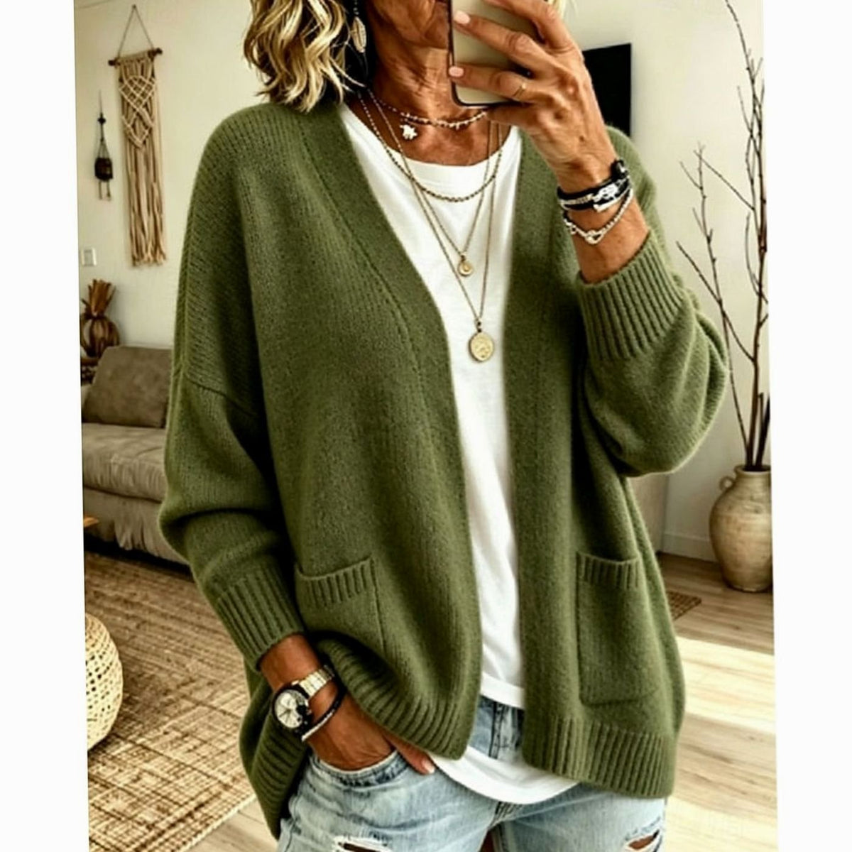 Women's Oversized Open-Front Knit Cardigan Sweater with Pockets