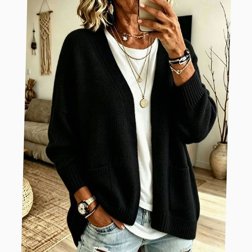 Women's Oversized Open-Front Knit Cardigan Sweater with Pockets