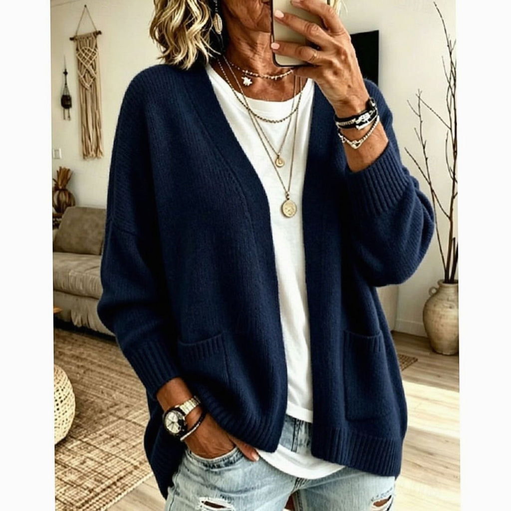 Women's Oversized Open-Front Knit Cardigan Sweater with Pockets