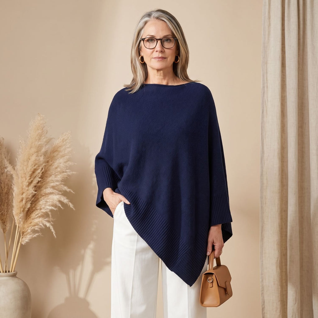 Women's Oversized Poncho Knit Sweater Batwing Sleeve - Navy Blue