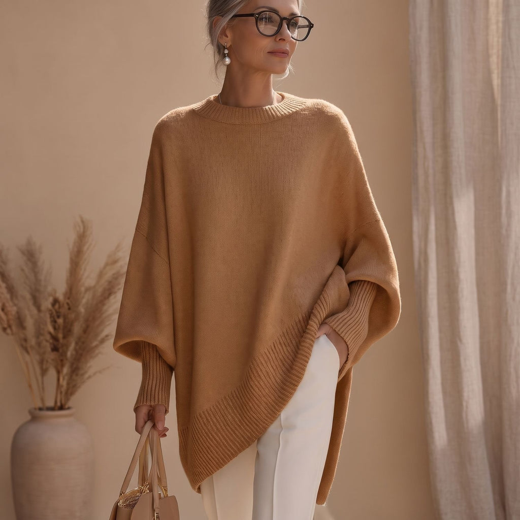 Women's Oversized Poncho Knit Sweater Batwing Sleeve - Brown