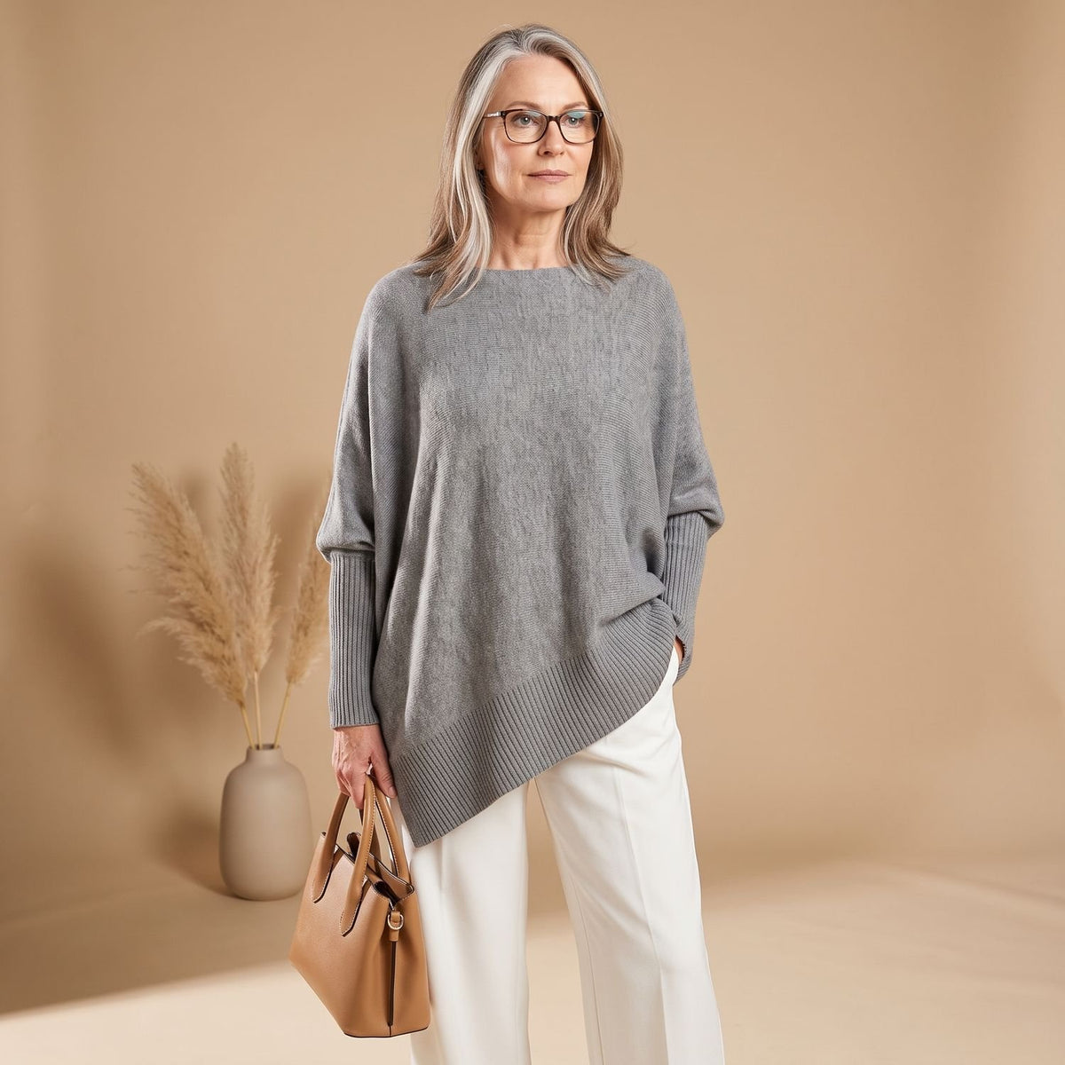 Women's Oversized Poncho Knit Sweater Batwing Sleeve - Grey