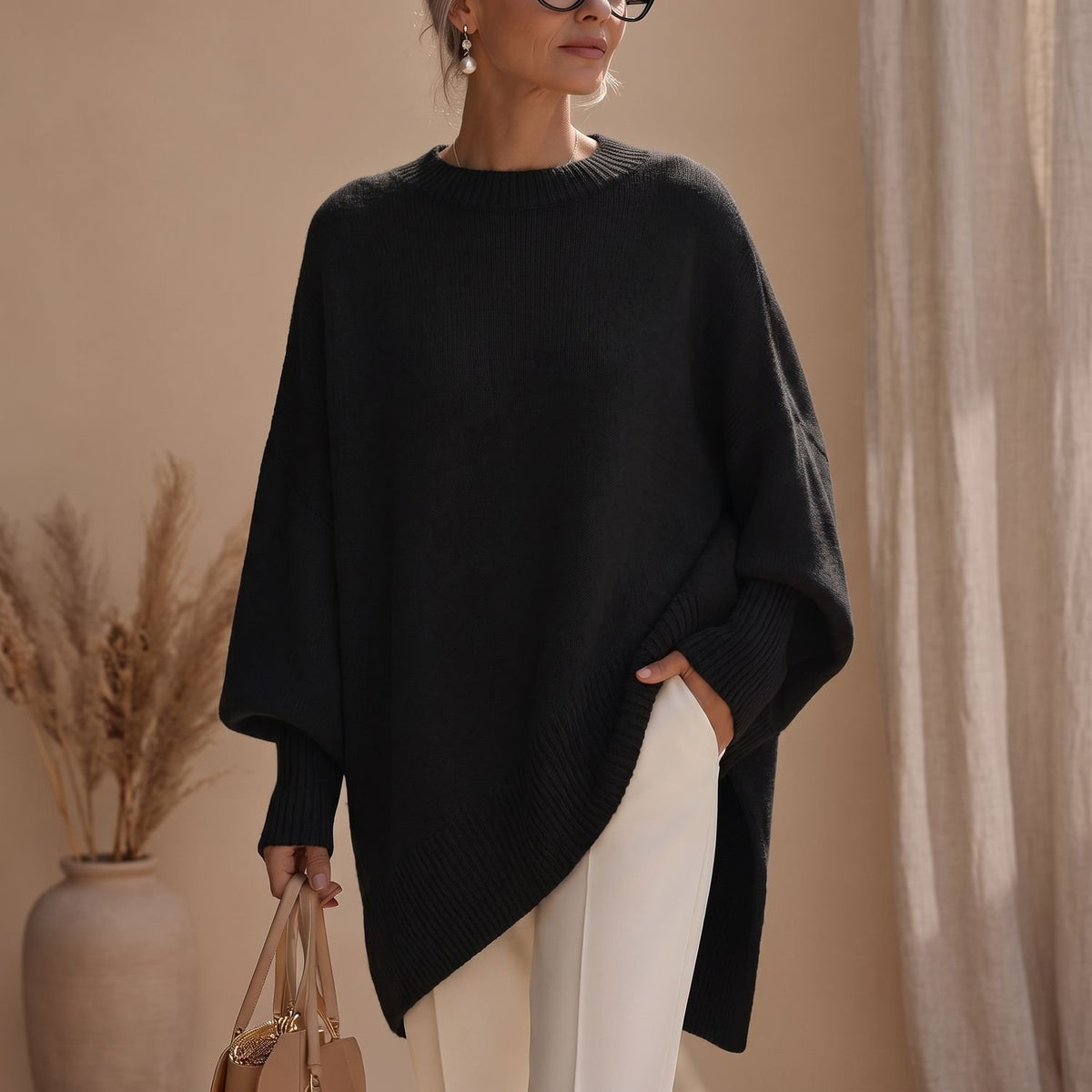 Women's Oversized Poncho Knit Sweater Batwing Sleeve - Black