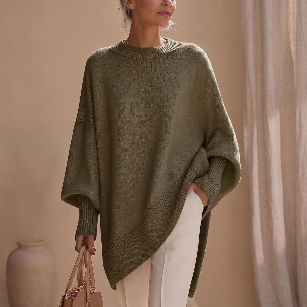 Women's Oversized Poncho Knit Sweater Batwing Sleeve - Army Green