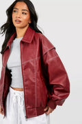 Women's Oversized Quilted Jacket Contrast Stitch Bomber - Wine Red